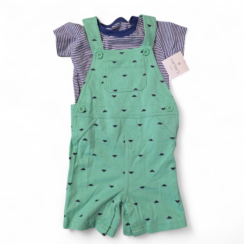Carter's 24M Green Dino Overalls with Striped Shirt